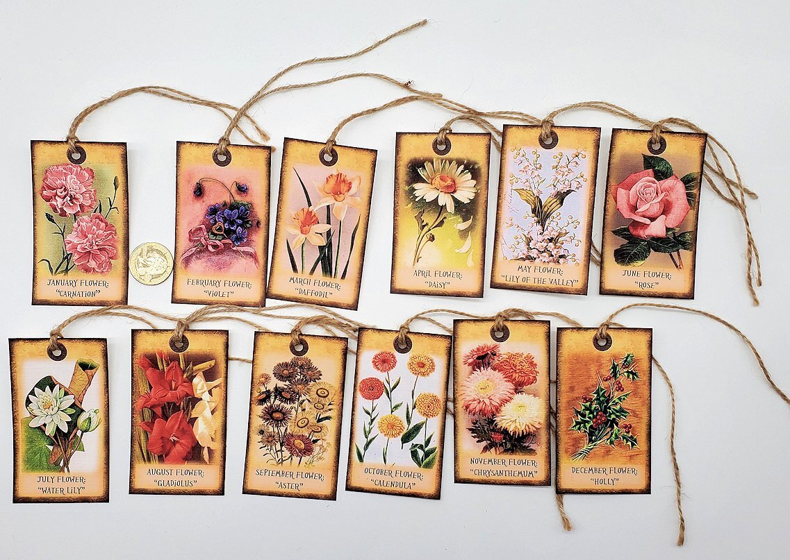 12-Vintage-Floral-Flower Of The Month-Junk Journal-Linen Cardstock-Hang-Tags