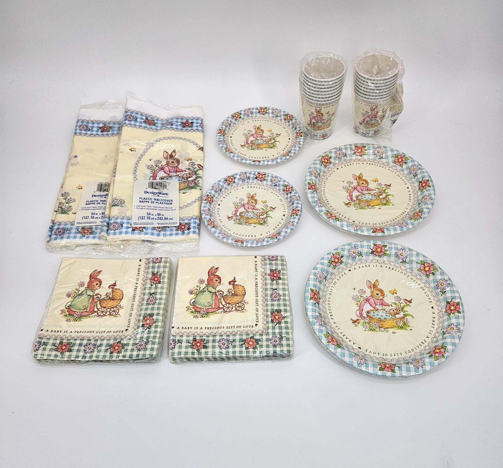 Vintage DesignWare Bunny Baby Shower Supplies Tablecloths Cups Plates Napkins