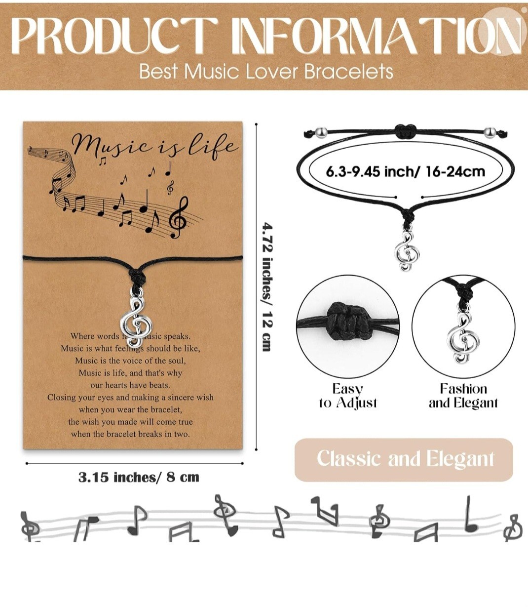 Landical 30 Set Music Party Favors Bulk Note Bracelets and Keychains w/gift bags