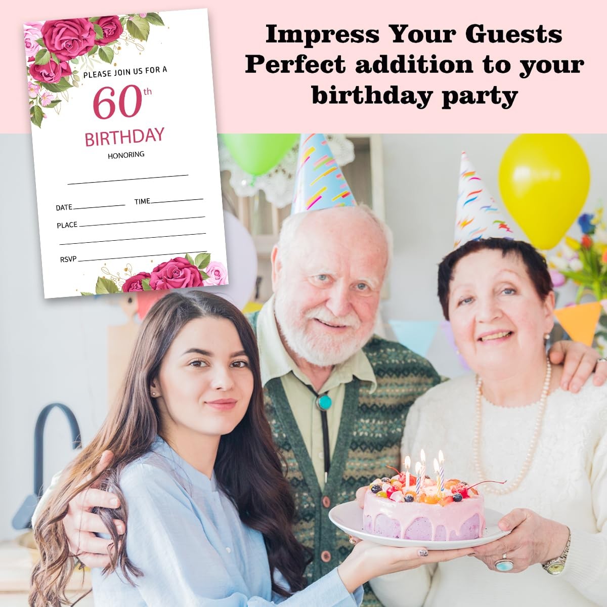 Nopoben 60th Rose Floral Birthday Invitation 4″W x 6″L, Floral-60th