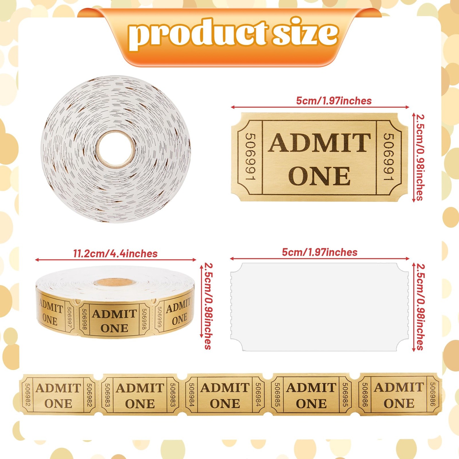 1000 Golden Raffle Tickets Admit One Single Roll Tickets for Events, Classroo…