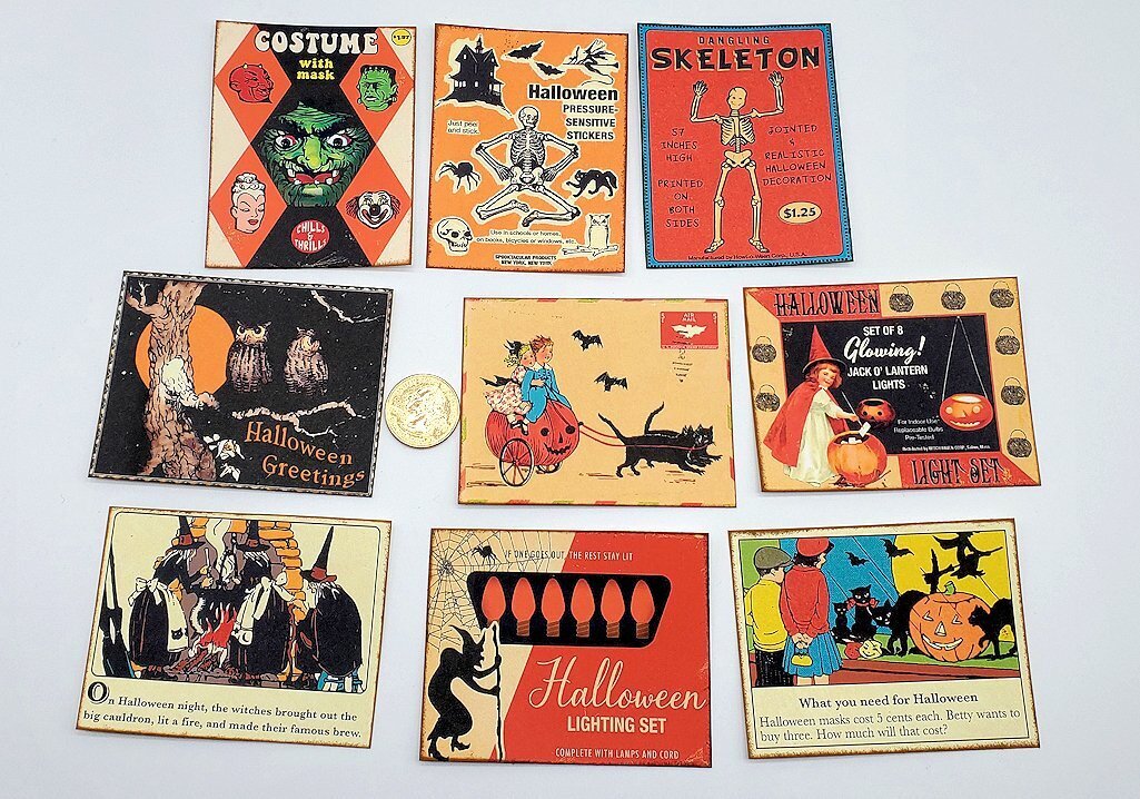 9-Halloween-Retro-Mid Century-Ephemera-Handmade-Linen Cardstock-Cards