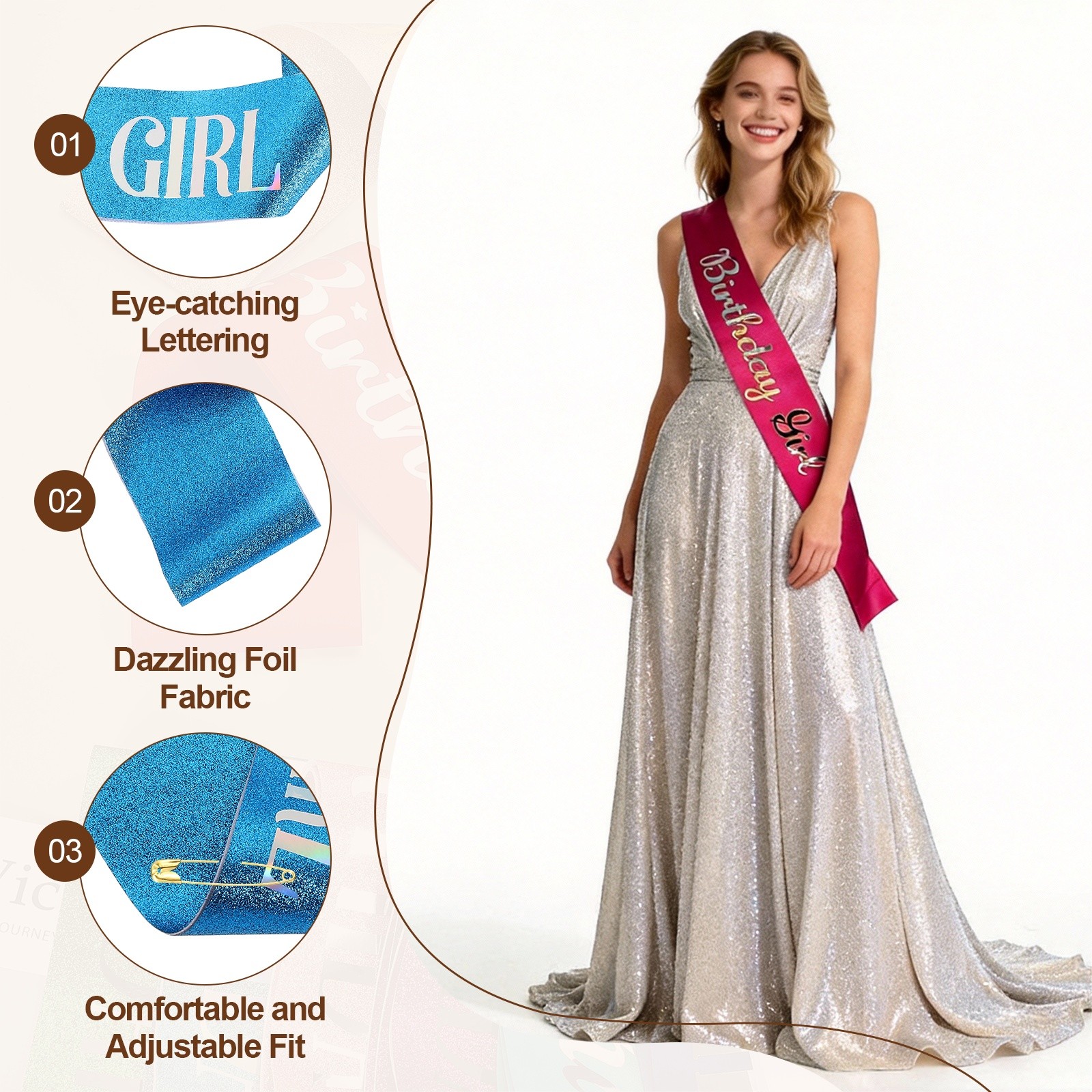 Birthday Girls Sash with Pin Iridescent Sparkle Lettering for Party, Navy Blue