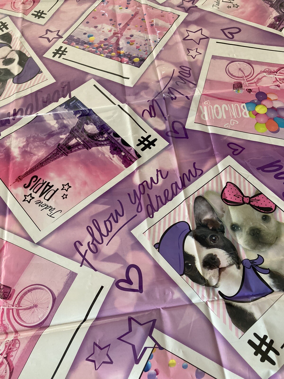 Justice Girls Pink / Purple Tablecloth Paris – French Bulldogs / Puppies – Used