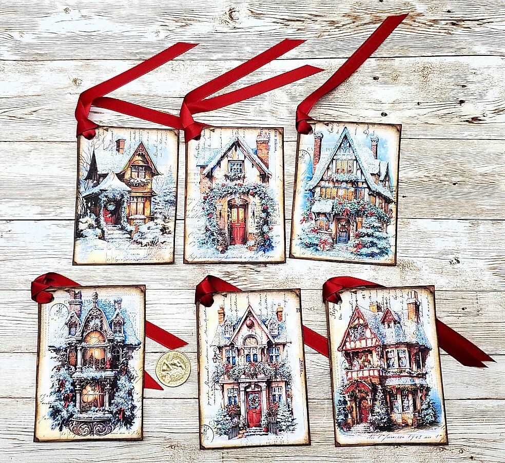 6-Christmas-Watercolor Style-House-Glitter-Linen Cardstock-Gift-Hang-Tags