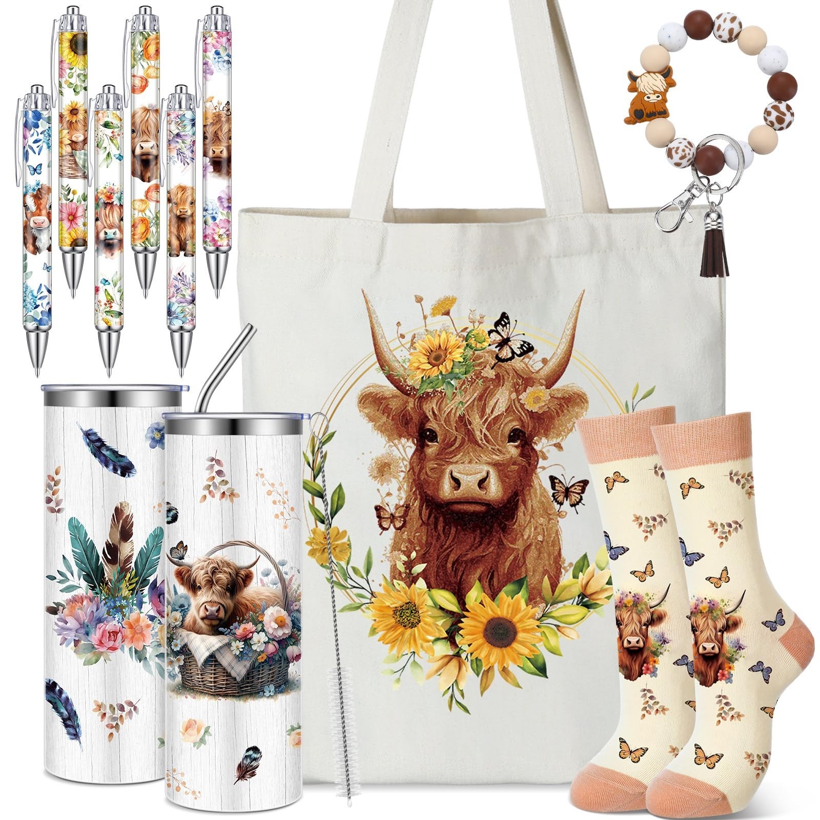 Skylety 5 Pcs Highland Cow Gifts Set for Women 20 oz Tumbler Floral Cactus Ca…