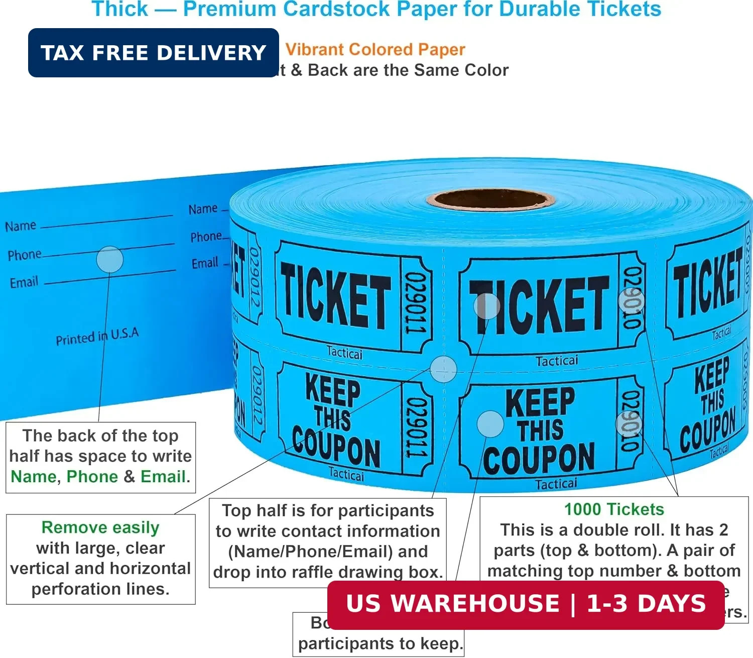 1000 Raffle Tickets, Blue (1 of 8 Colors), Double Roll, Ticket for Even