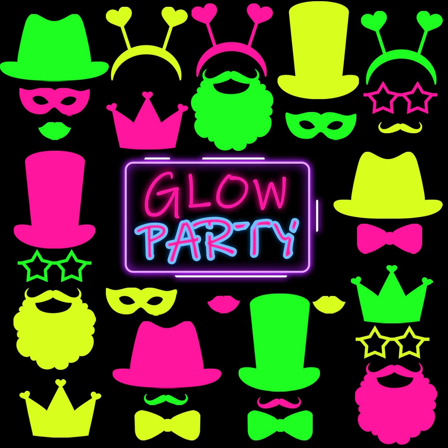 24 Pcs Neon Photo Booth Props Glow Colorful Black Light Fluorescent Decorations