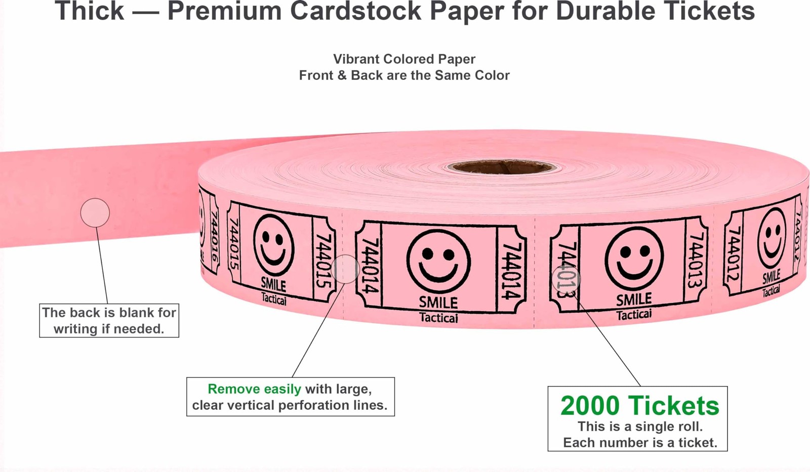 2000 Raffle Tickets Smile Pink 1 of 8 Colors Single Roll Ticket for Events En…