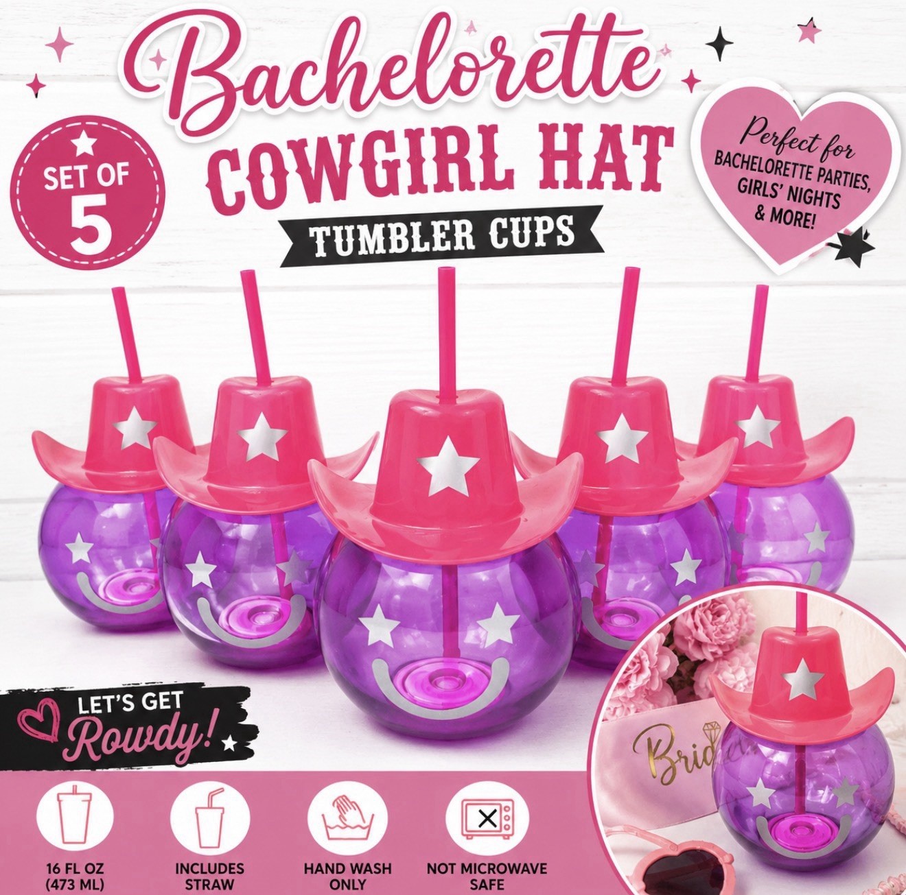 Bachelorette Cowgirl Hat Tumbler Cups Pink Purple 16 oz w/ Straw Set of 5