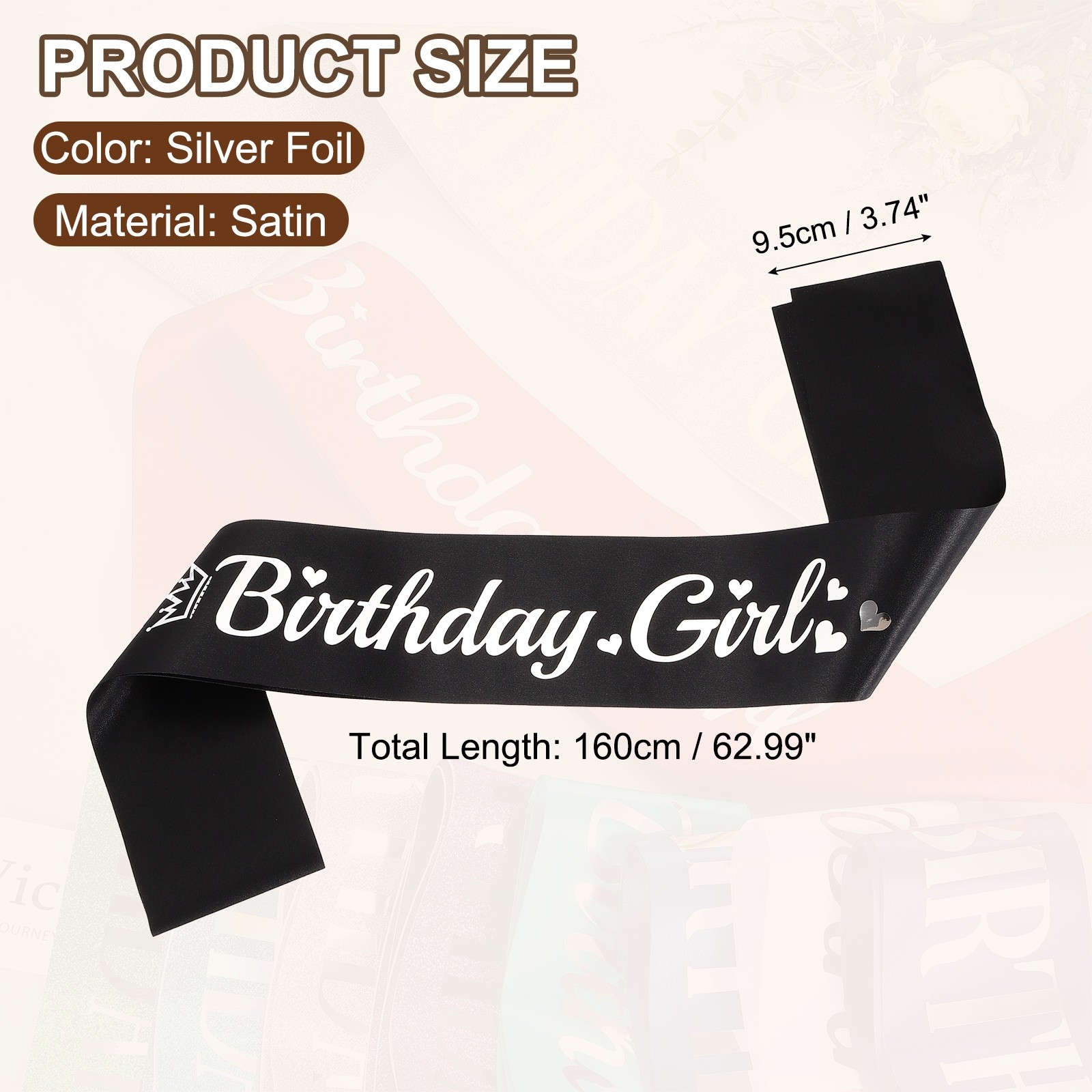 Birthday Girls Sash with Pin Silver Foil Lettering for Birthday Party, Black