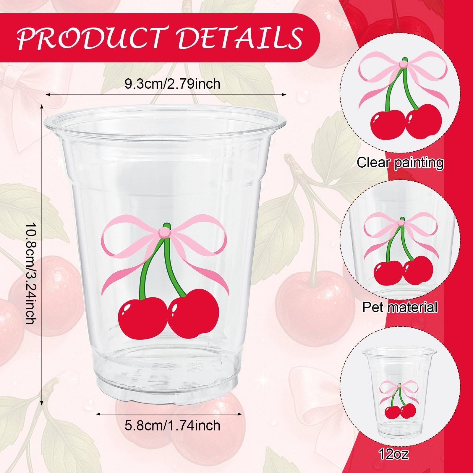 ABURRORI 50 Pcs 12OZ Cherry Bow Plastic Cups, Pink standard,