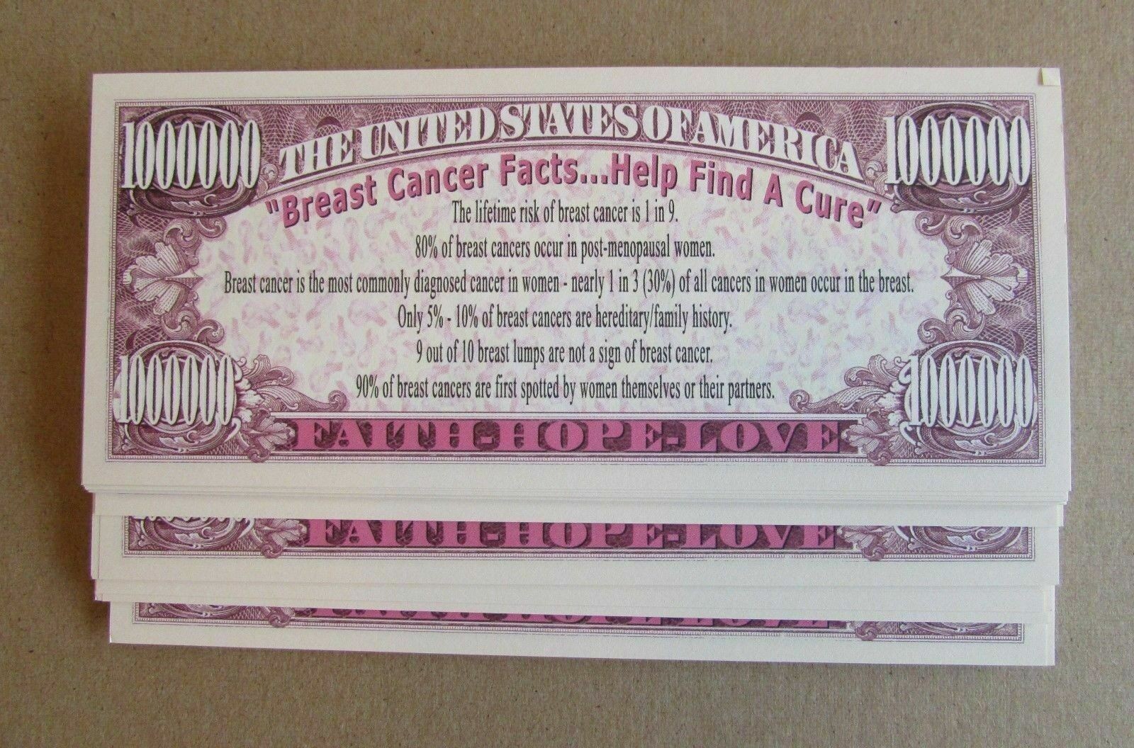 50 Fundraiser Pink Ribbon Breast Cancer Awareness Educational Dollar Money Bills