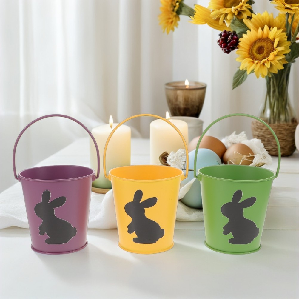 3Pcs Assorted Color Iron Easter Buckets Reusable Bunny Candy Holders