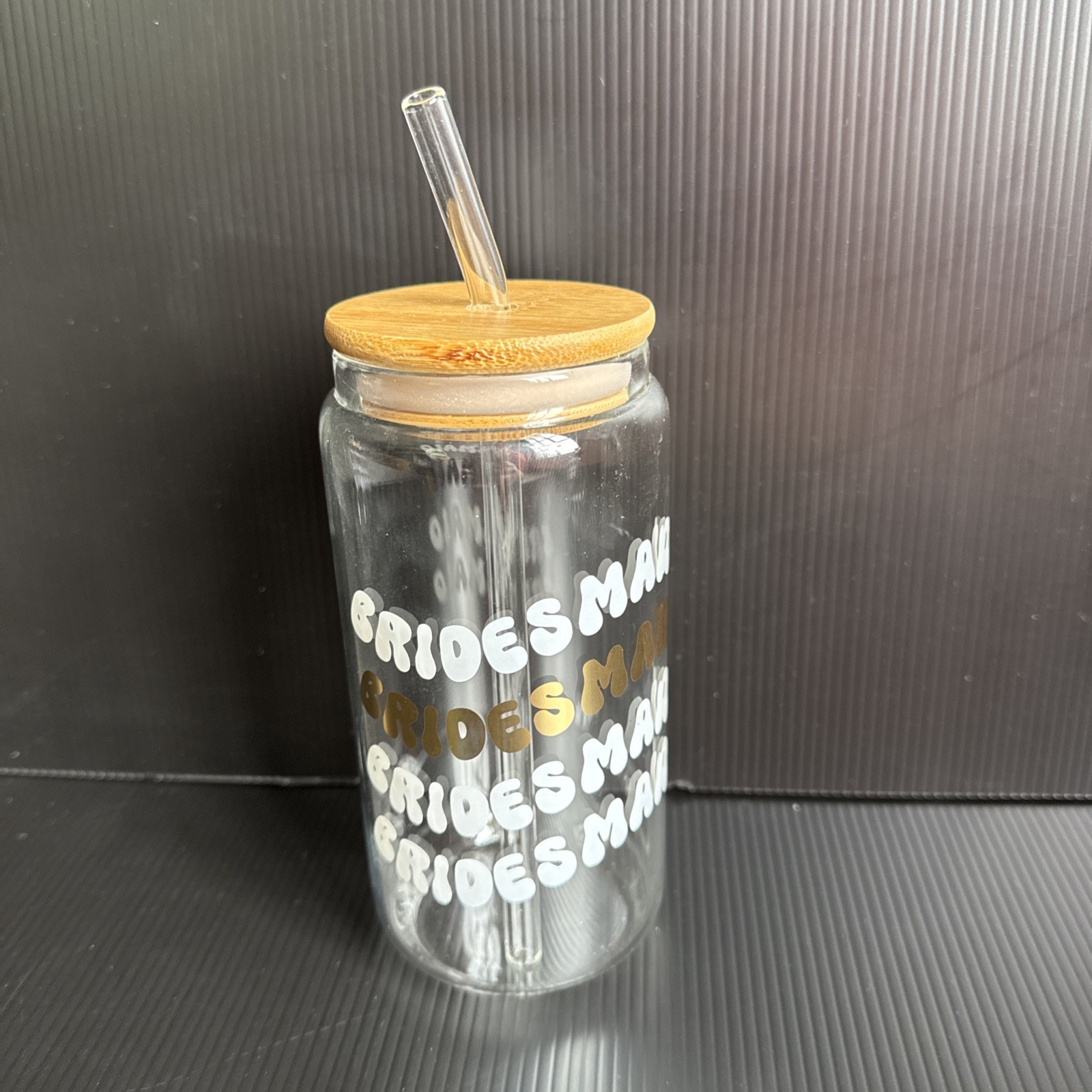 New Set of 6 Bride & Bridesmaid Glass Cups & Straws w/ Wooden Lids Team Bride