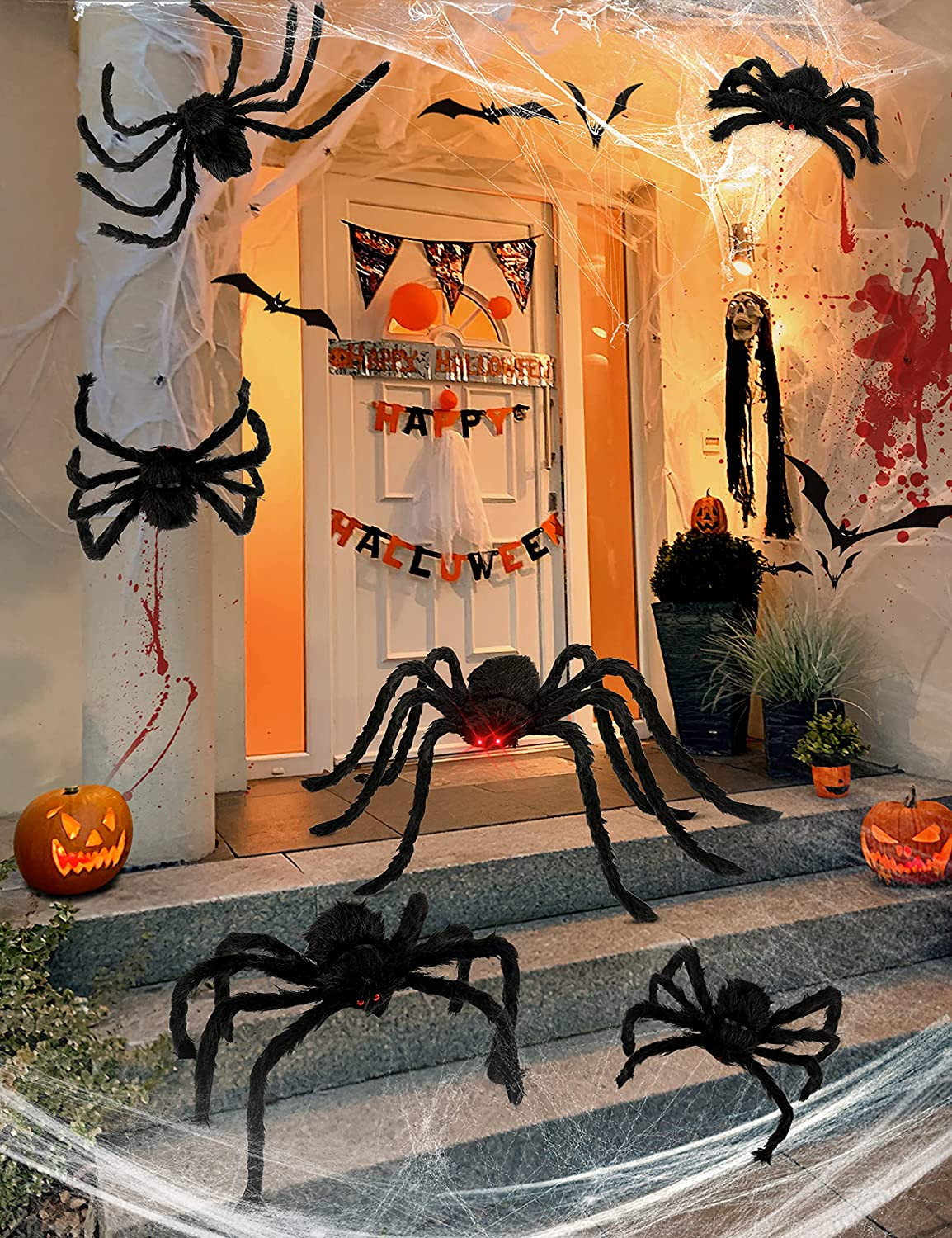 Halloween Plush Fake Spiders Set, Scary Indoor/Outdoor Decor, 6 in 1 for Home/Pa