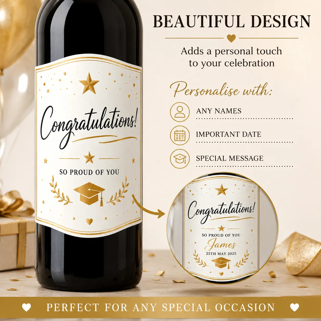 Personalised Congratulations Bottle Label Sticker Custom Wine Champagne Gift