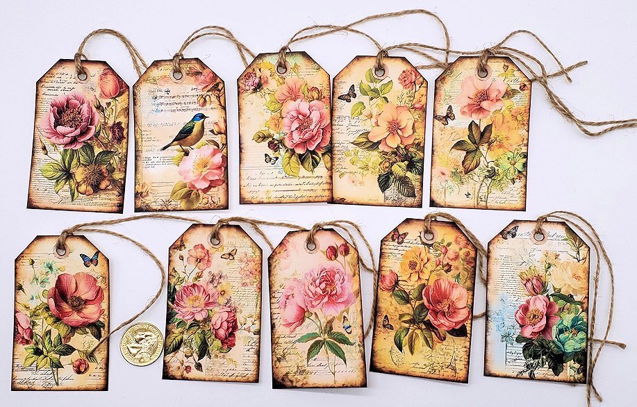 10-Vintage-Shabby-Floral-Flowers-Junk Journal-Linen Cardstock-Hang Tags