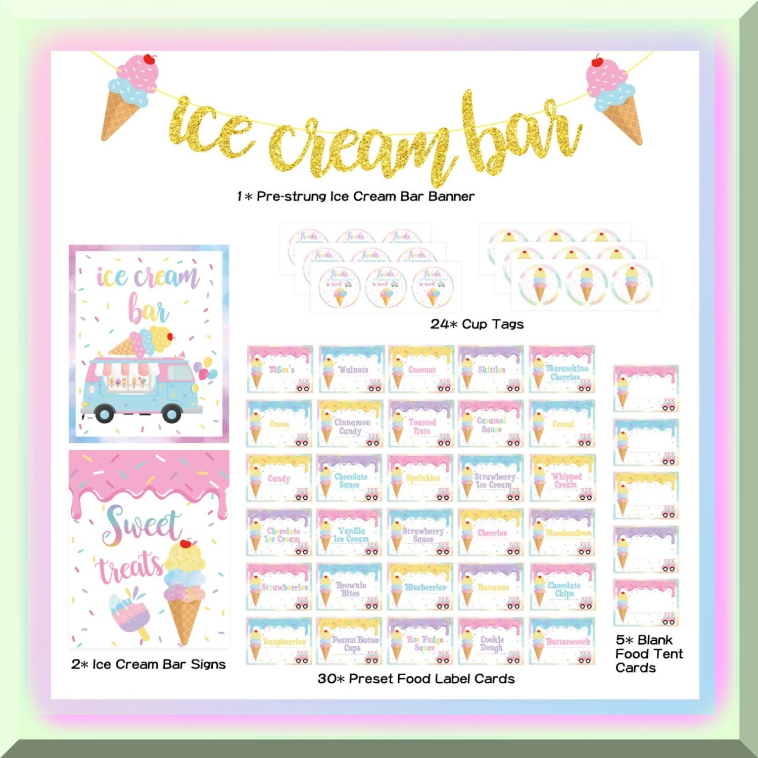 Ice Cream Bar Decor Kit with Banner and Labels