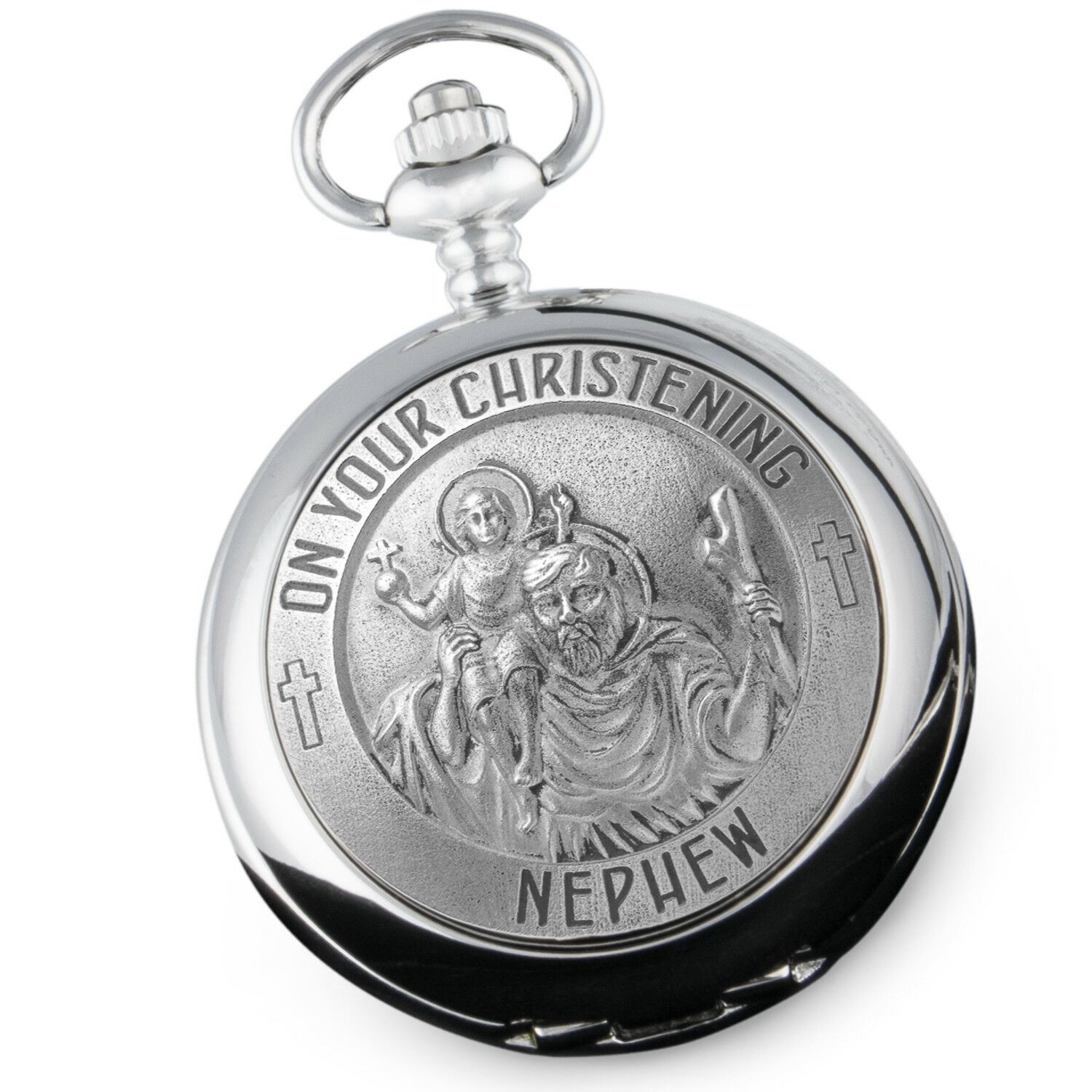 Nephew Boys Christening Gift Engraved Boy’s St Christopher Pocket Watch Silk Box
