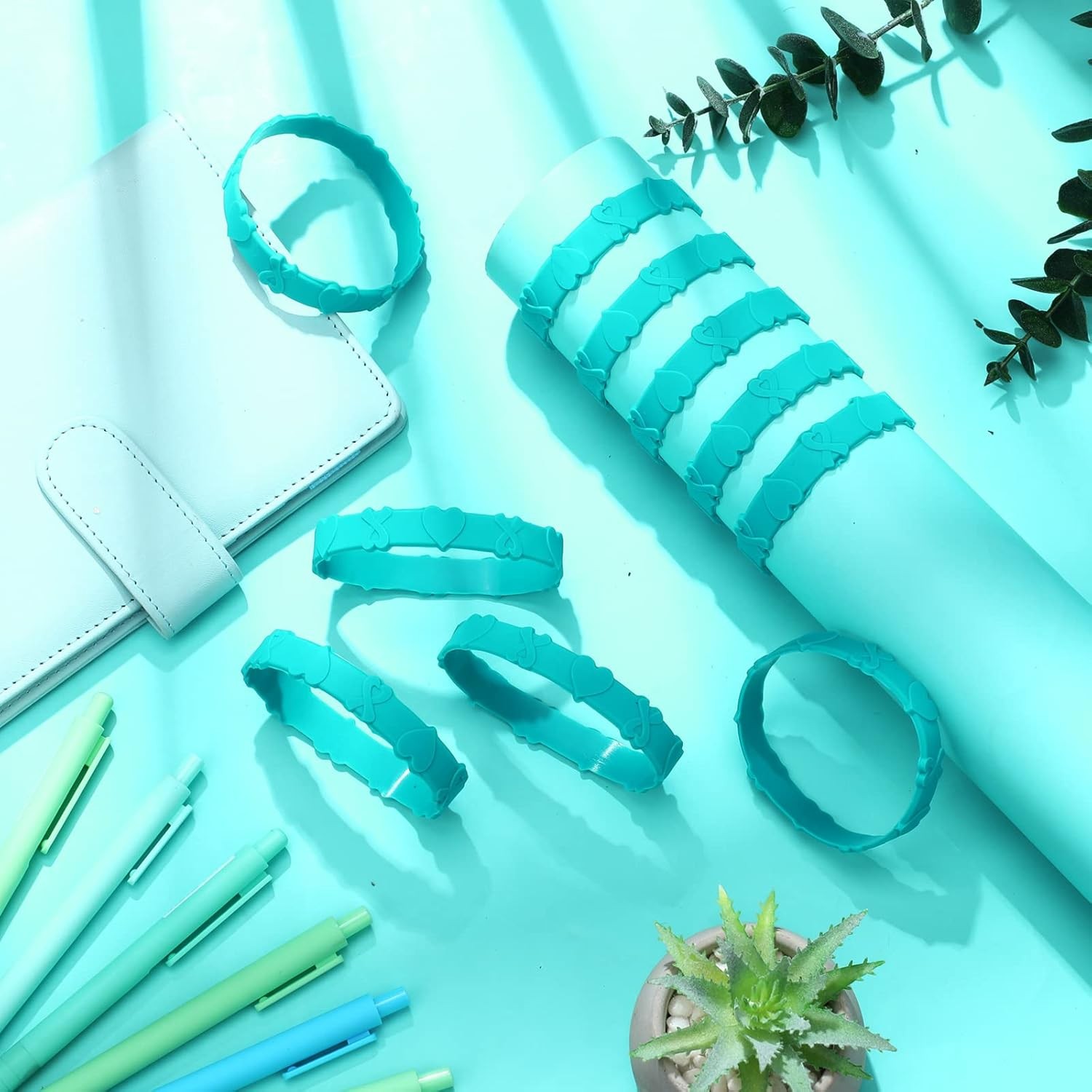 Kigeli 100 Pieces Ovarian Cancer Awareness Bracelet Bulk 7.95 inches, teal
