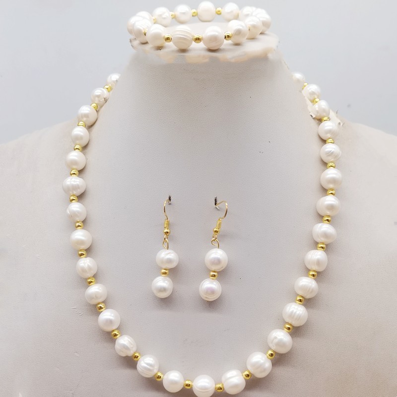 9-10mm White Natural Freshwater Pearl Necklace Bracelet Earring 18/7.5″ Gift