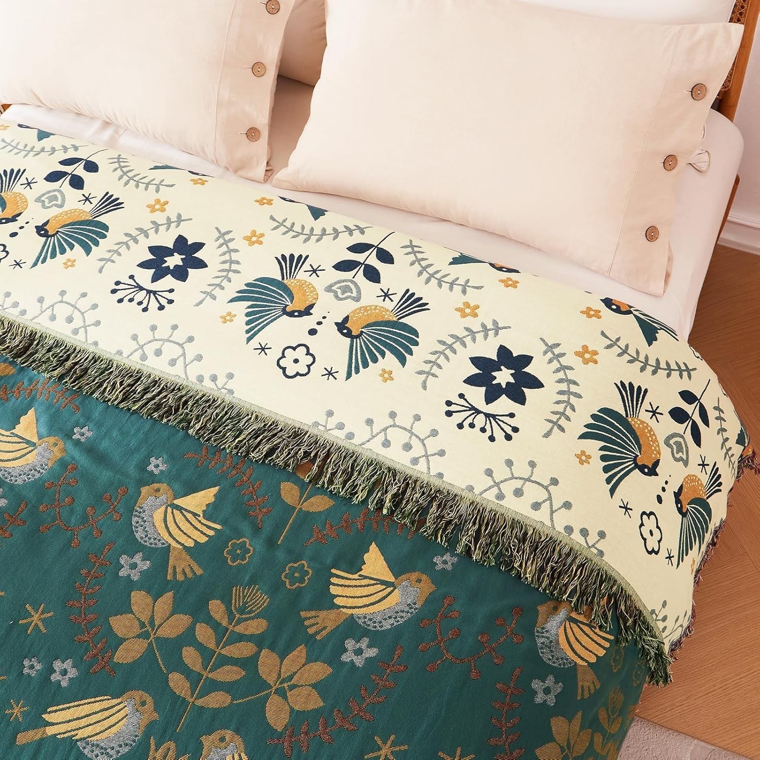 King Throw Blanket for Bed 100% Cotton Boho Soft Rustic Quilt Birds and Flora…