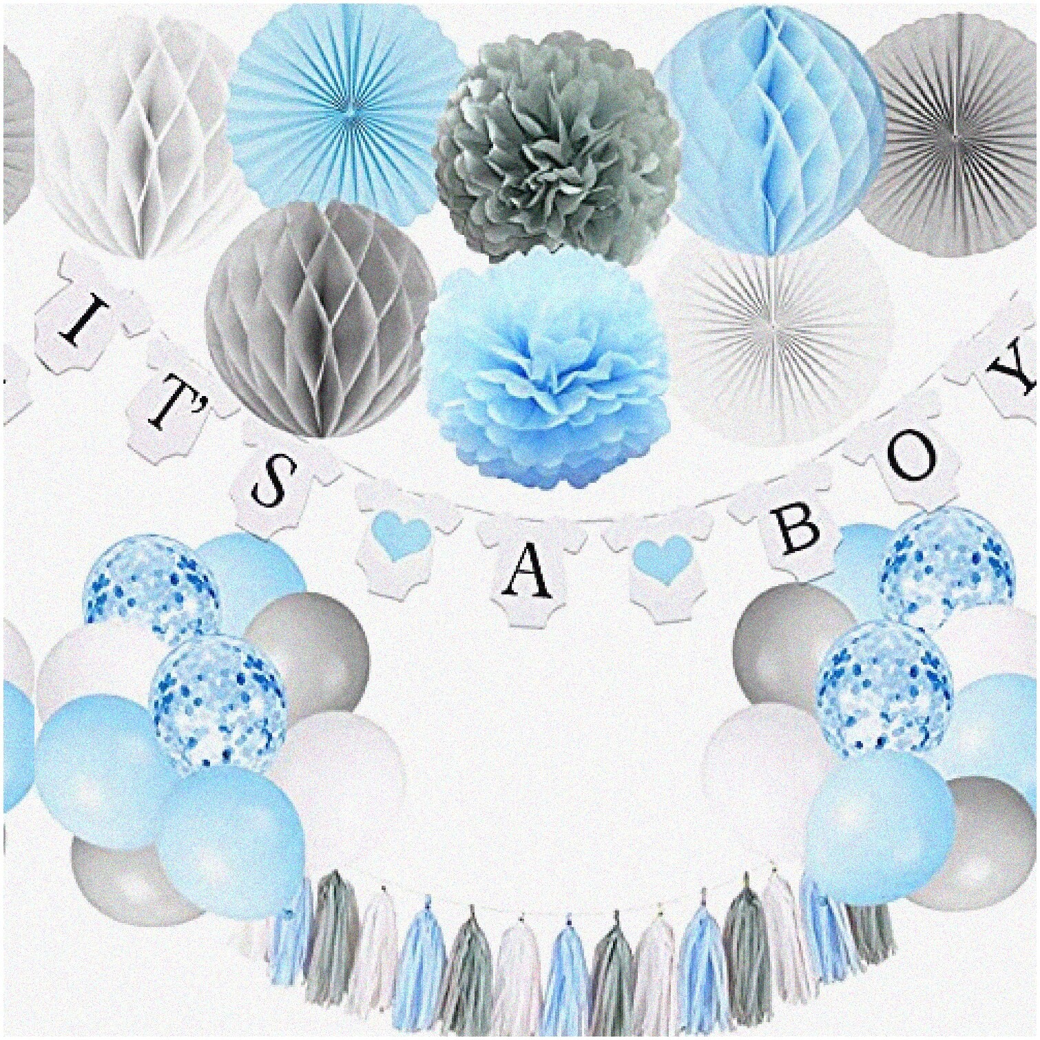 Baby Shower Decor Kit Blue Grey with Banner Fans and Balloons