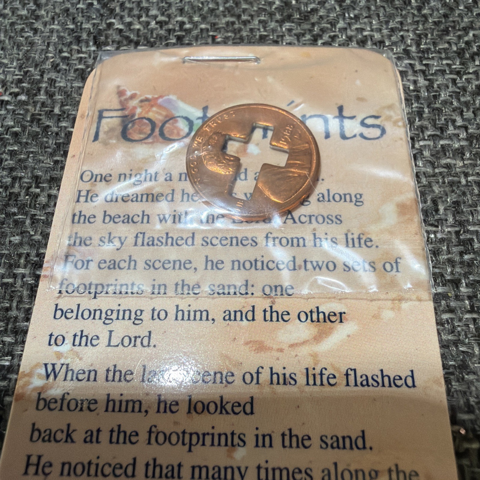 VTG 1988 Footprints In The Sand Poem With Penny Cross Coin Bookmark Remembrance