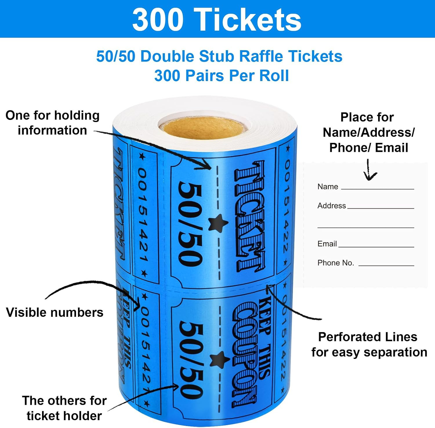 50/50 Raffle Tickets Double Roll Golden Tickets Large Blue Glitter Cards for …