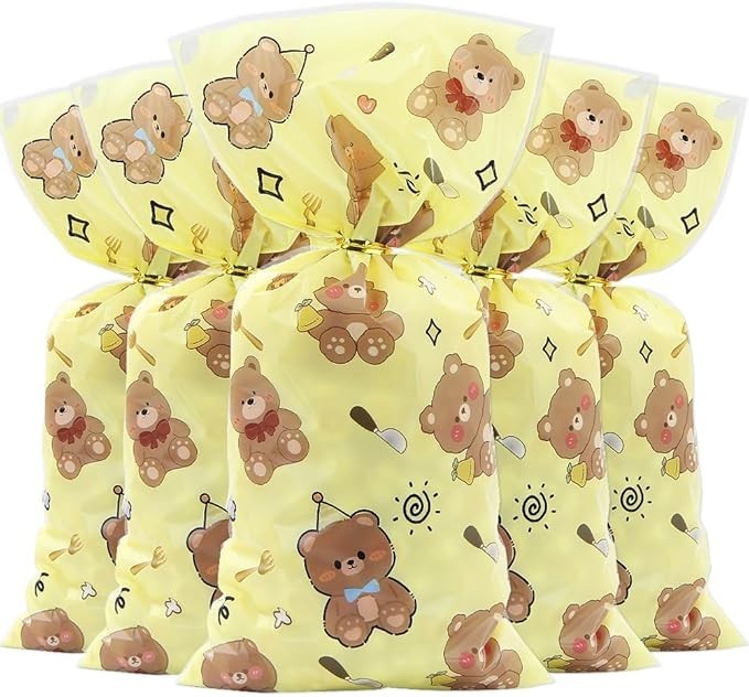 50pcs Bear Cellophane Treat Bags Yellow Cartoon Party Favor Bags Baby Shower