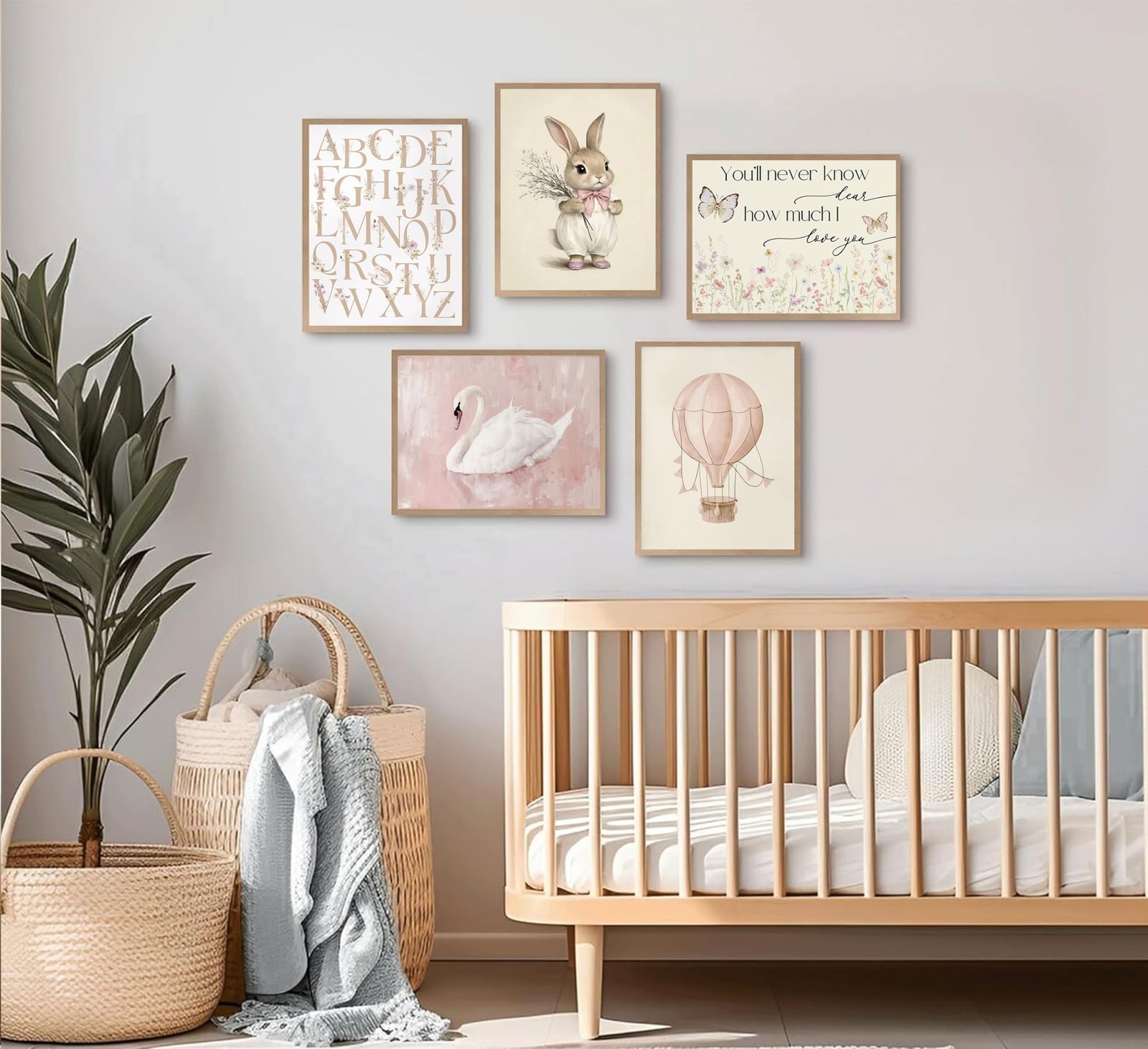 5Pcs Vintage Pink Nursery Wall Art Girl Baby Inspirational Canvas Paintings C…