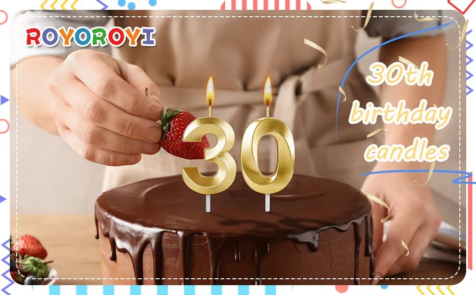 30th Birthday Candles for Cake, Gold Candles for Happy Birthday