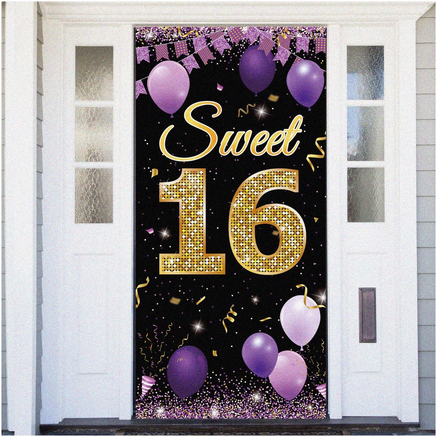 Purple Gold Sweet 16 Celebration Kit with Banner and Props