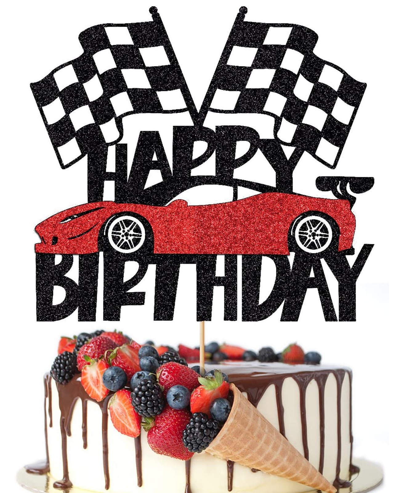 Happy Birthday Cake Topper，Race Car Cake Topper, Birthday Sign Transporta