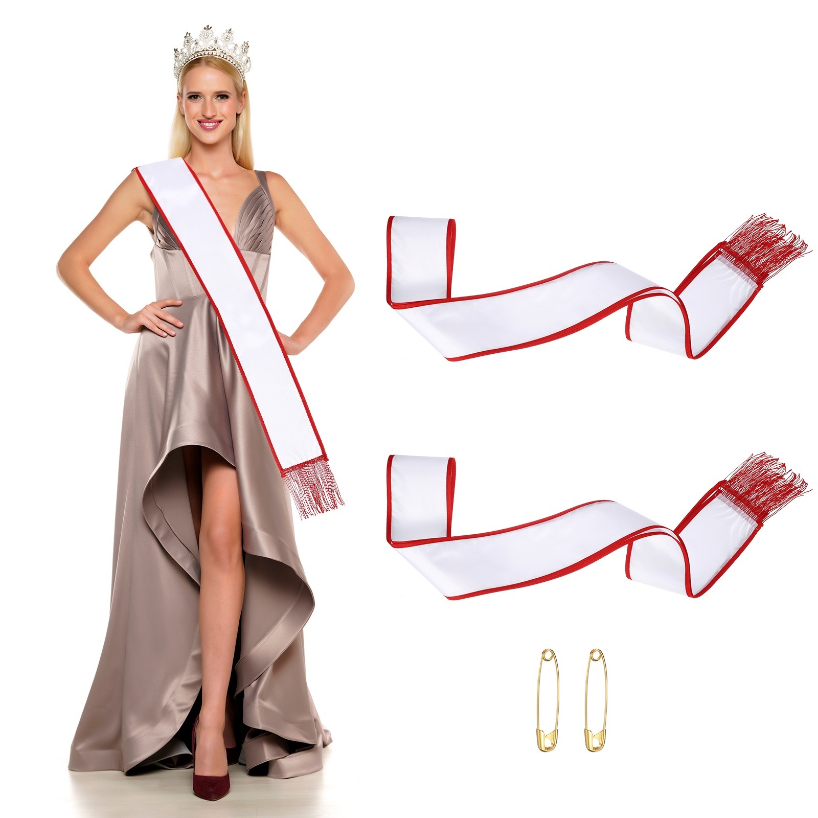 Satin Sash with Tassels Blank Sash Pageant Ribbon for Party Wedding 2 Pack & Red
