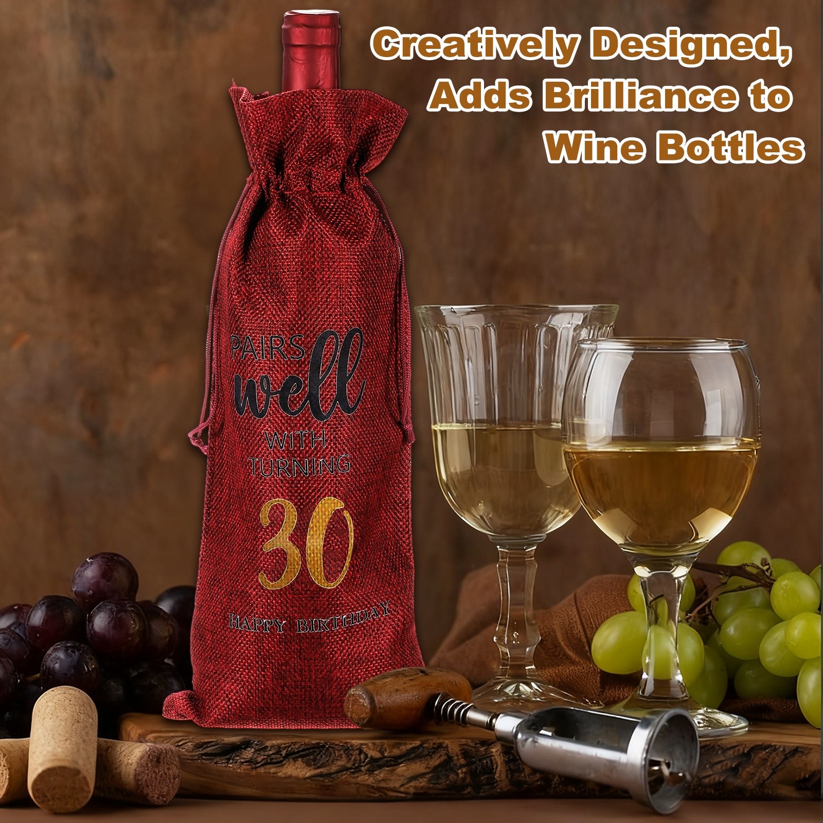 6 x 14 Inch 30th Birthday Gift Wine Bottle Bag with Drawstring, Red