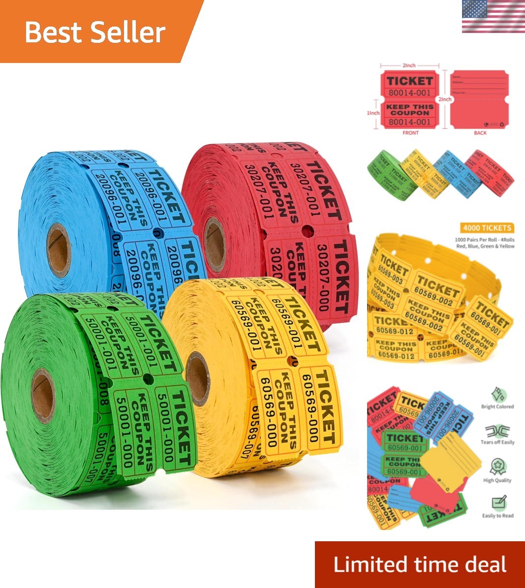 4000 Durable Raffle Tickets – Blue, Yellow, Red, Green for Effective Fundraising