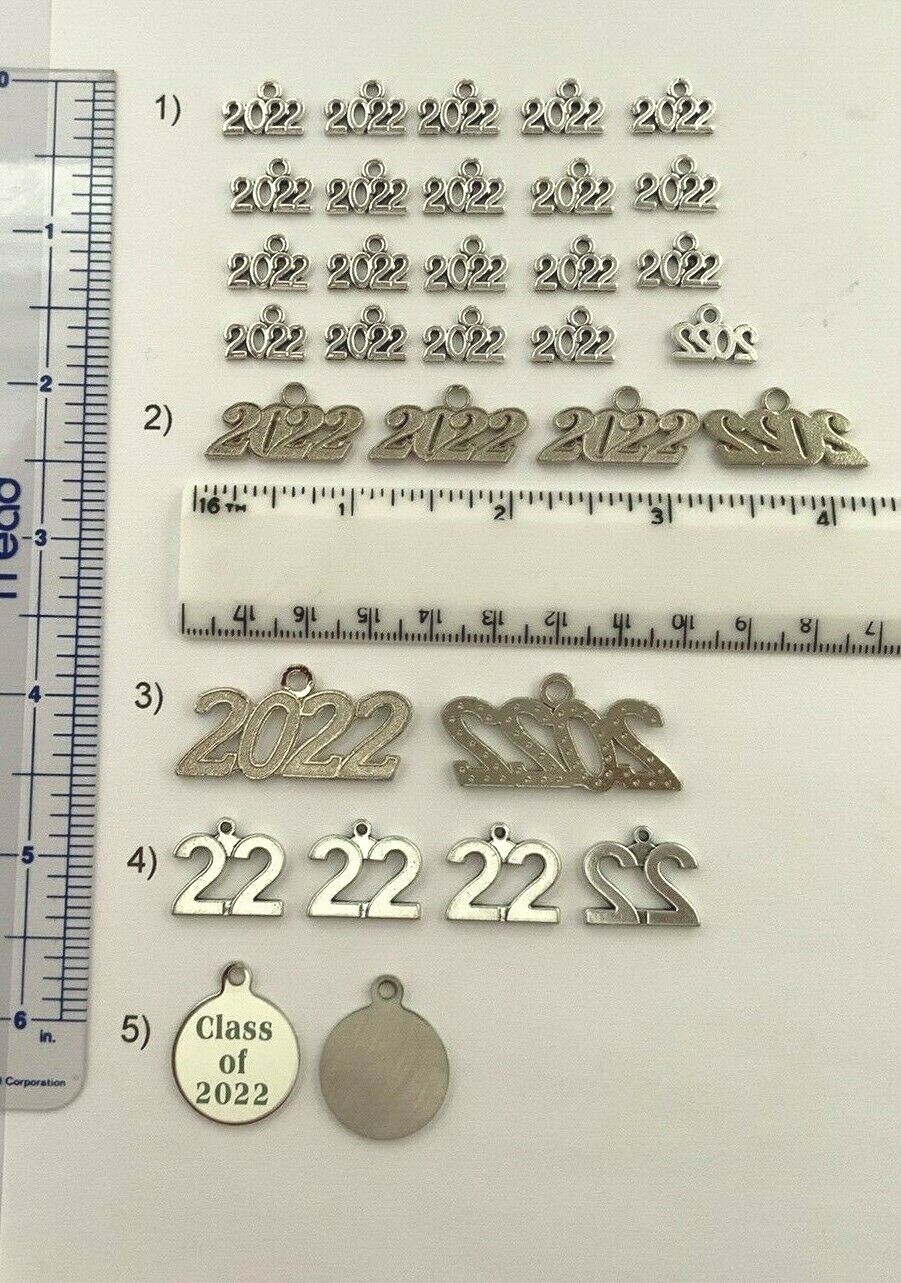 CLASS OF 2022 YEAR NUMBER CHARMS GRADUATION, CHOICE 11 STYLES OF GOLD OR SILVER