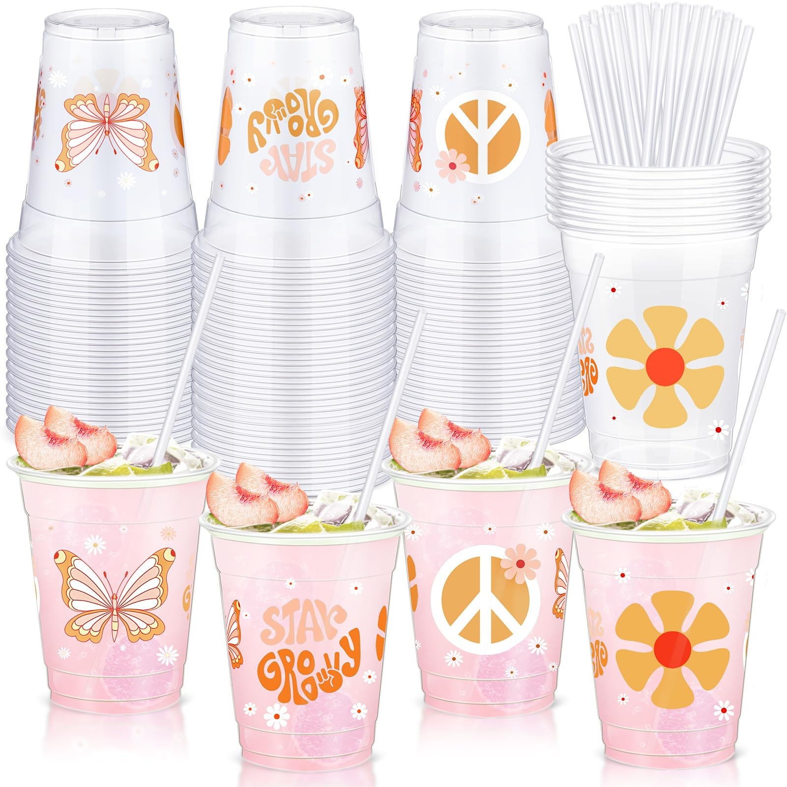 Sliner 50 Pcs Groovy Party Plastic Cups with Straws 3.7 x 4.3 inches, Clear