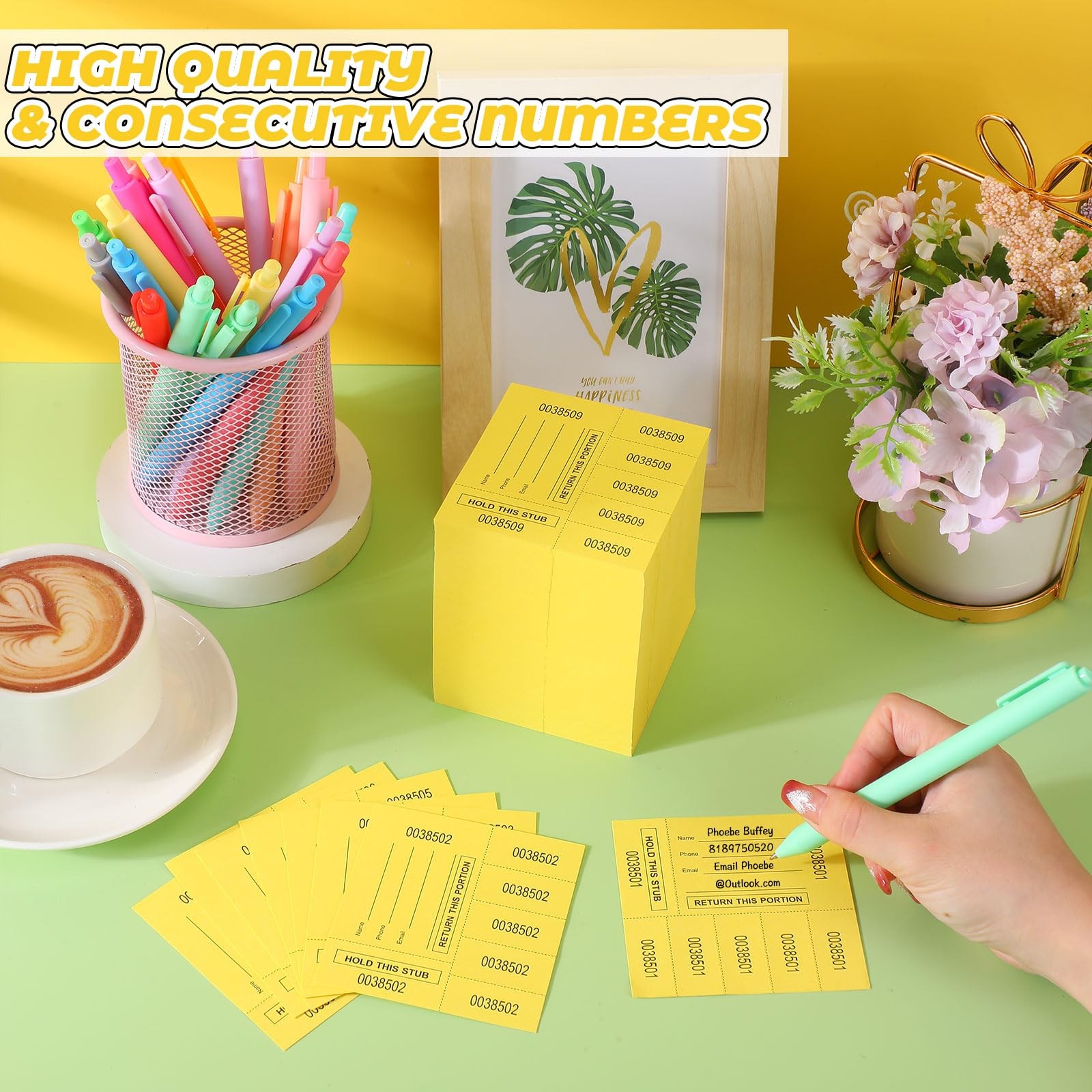 1000 PCS 5 Bid Raffle Tickets Sheets Chinese Auction Numbered Tags Yellow