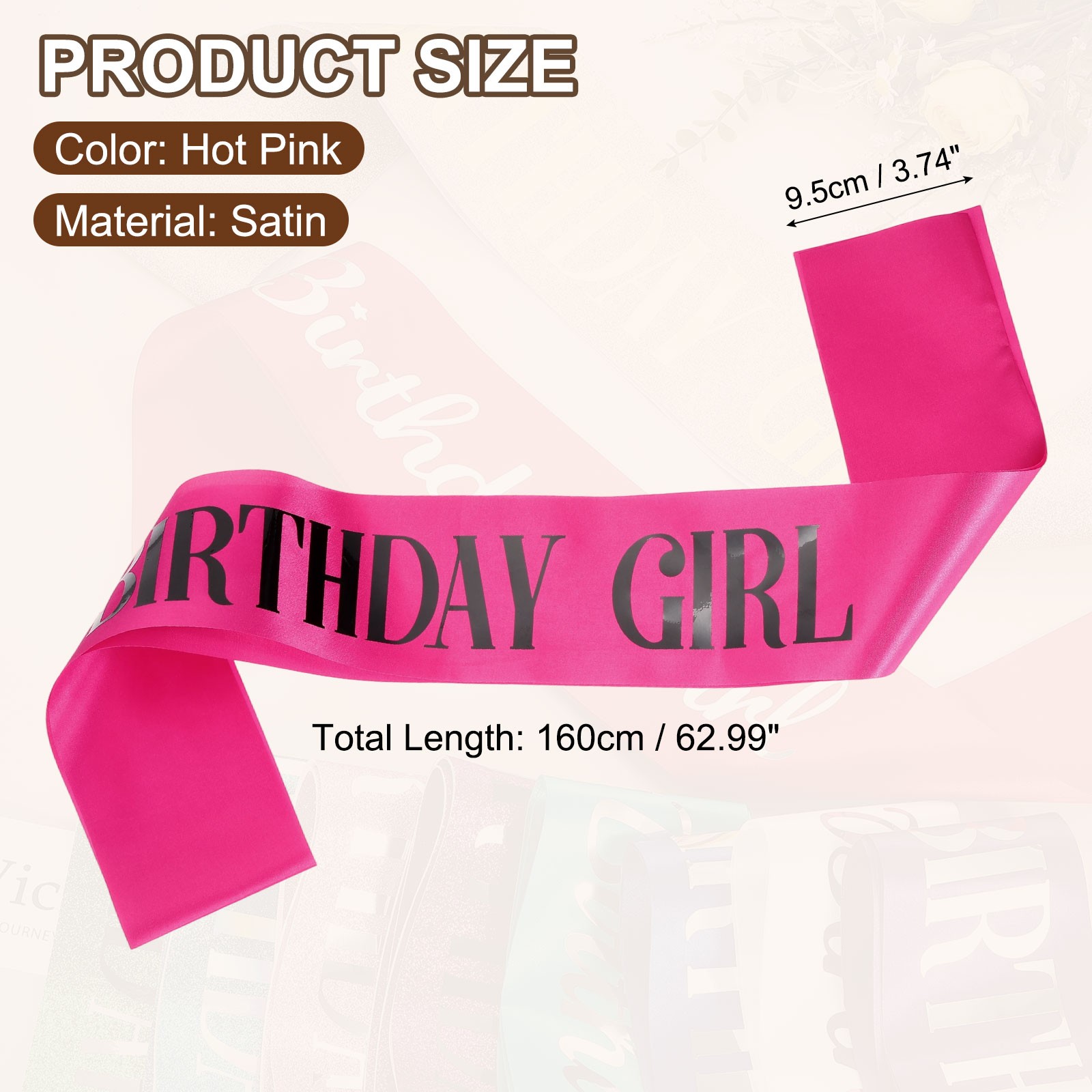 Birthday Girls Sash with Pin Black Lettering for Birthday Party, Hot Pink