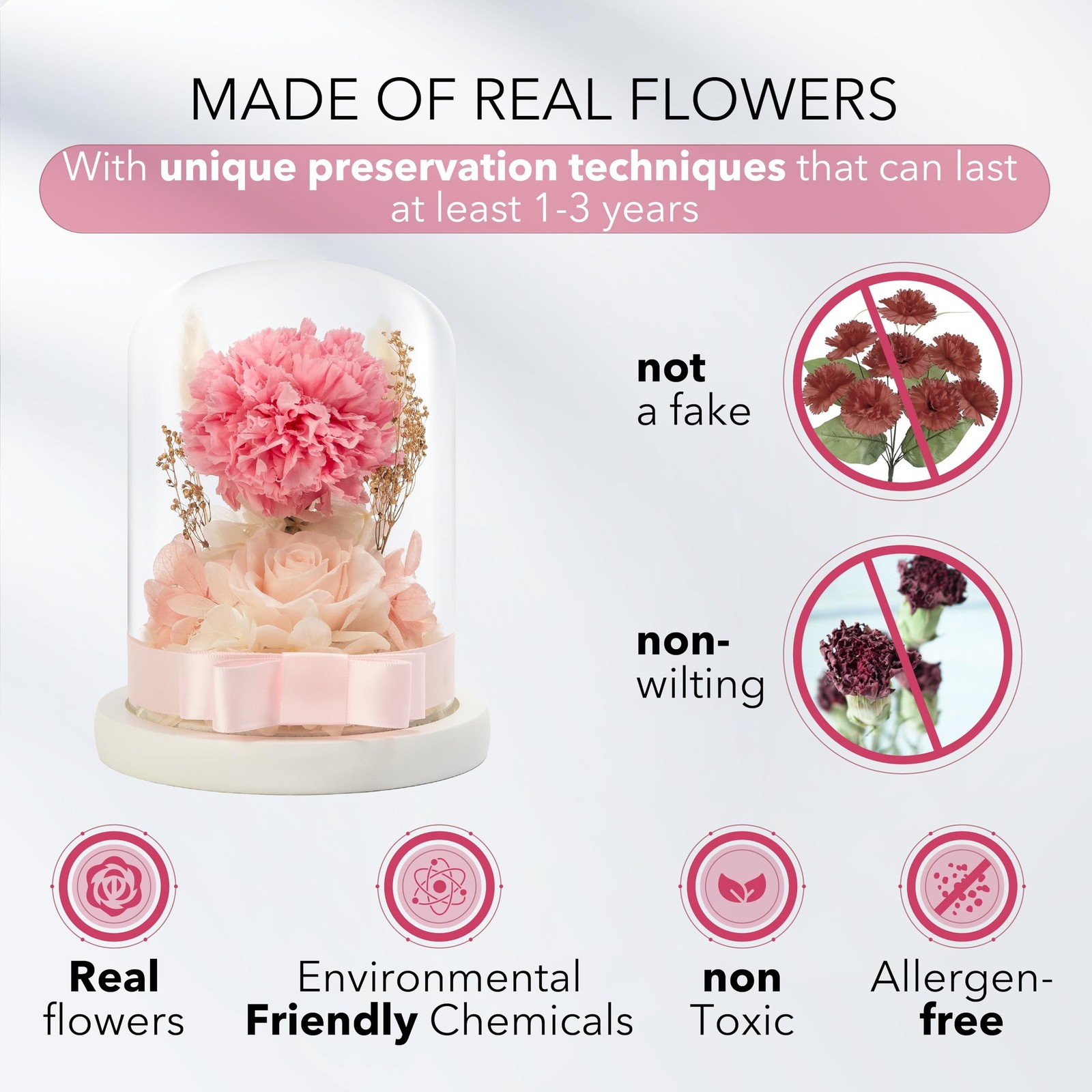 Flowers: Preserved Rose and Carnation in Glass Dome – Romantic Home Decor and…