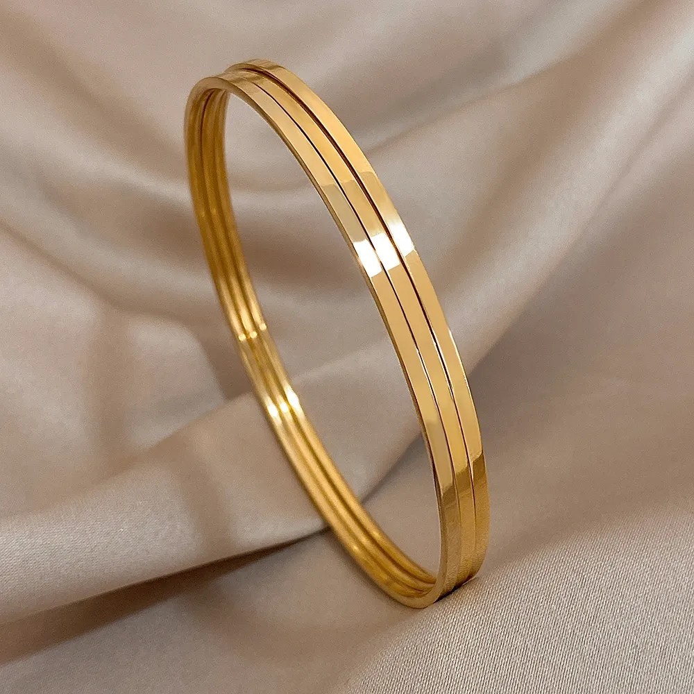 Bangle 3Pcs/Set Shiny Thin Simple Circle Bracelet 14K Yellow Gold About 17.8cm