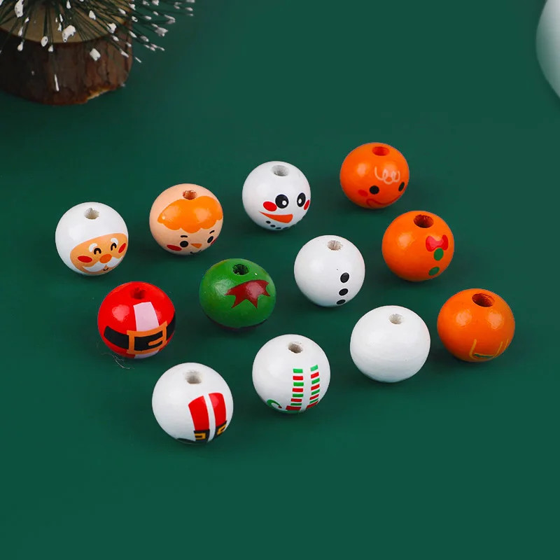 48/80Pc Wooden Beads Christmas Santa Claus Gingerbread Man Elf DIY Garland Decor