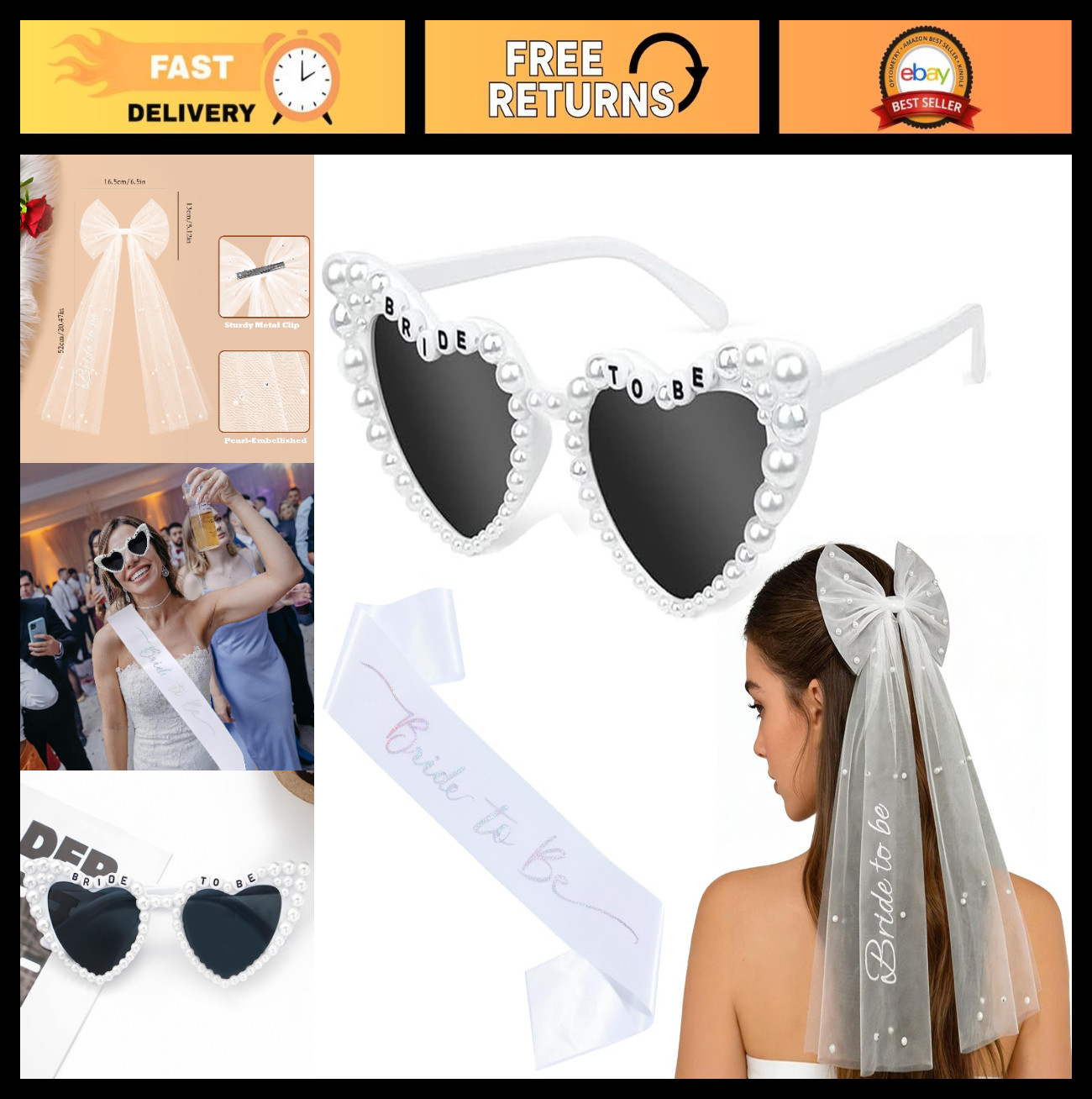 Bachelorette Party Accessories Set – Bride to Be Sash, Heart Sunglasses, Pearl B