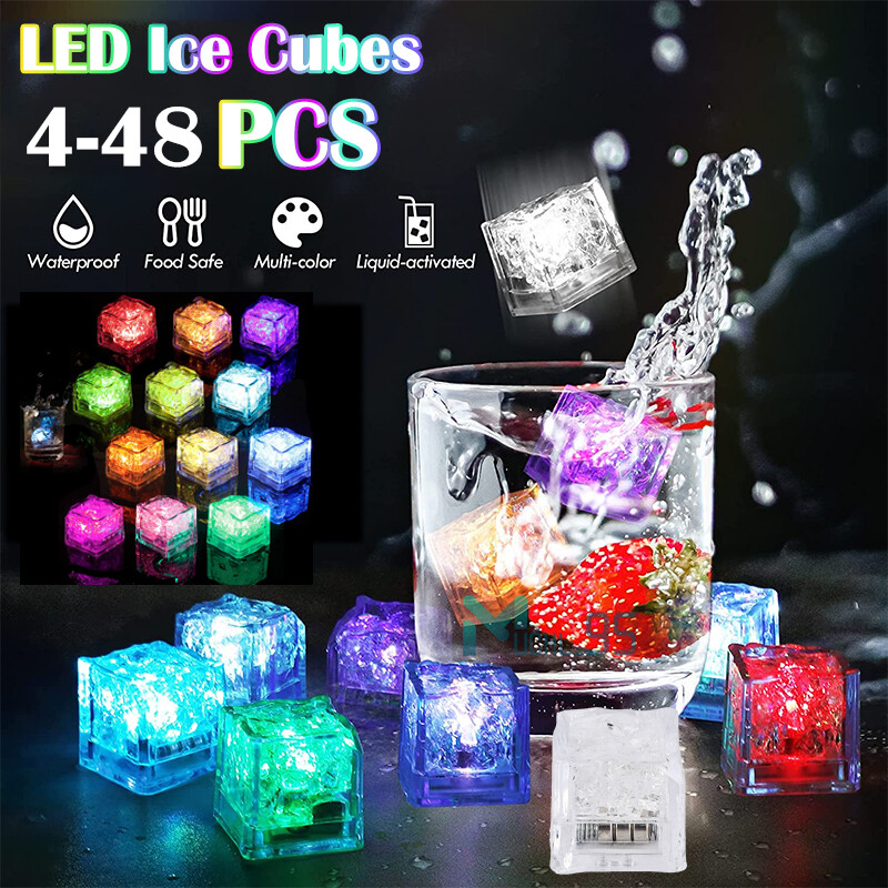 4 – 100 PCS Waterproof LED Light Up Ice Cubes for Drinks Party 7 Colors Changing