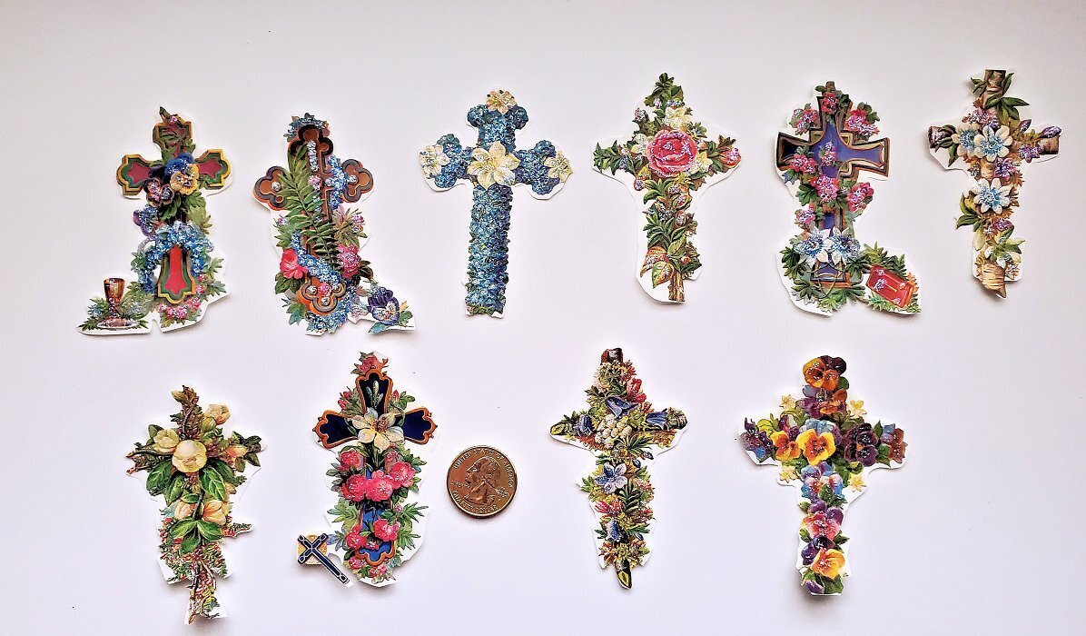 10~Easter~Victorian~Fussy Cut~German Embossed Scraps~Cross~Glittered~Stickers