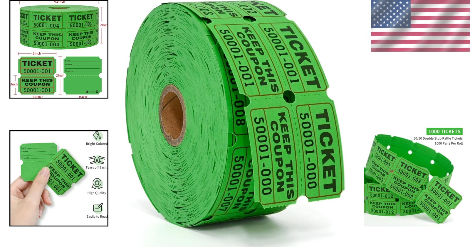 1000 Count Green Raffle Tickets – Ideal for Carnivals and Prize Drawings