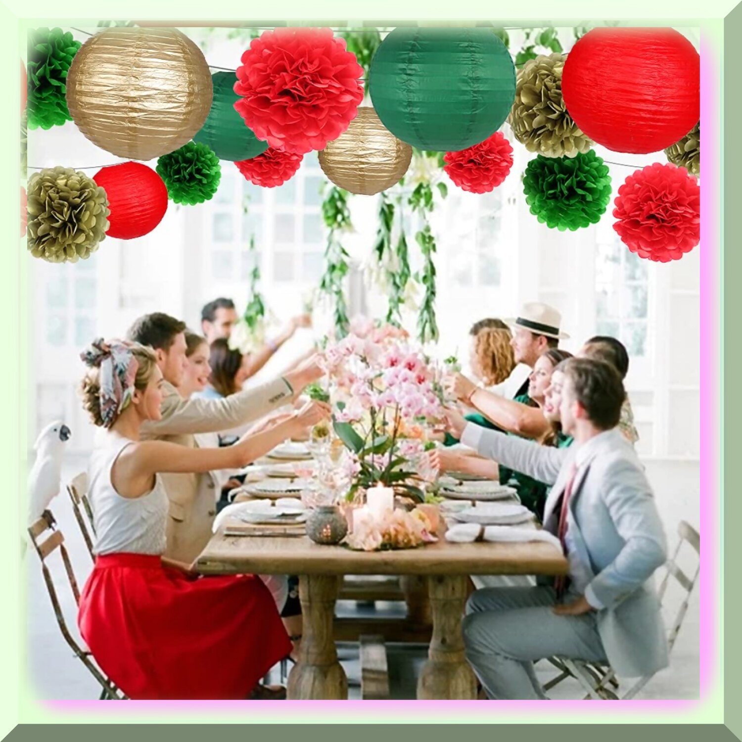 Festive Red Green Gold Hanging Paper Decorations